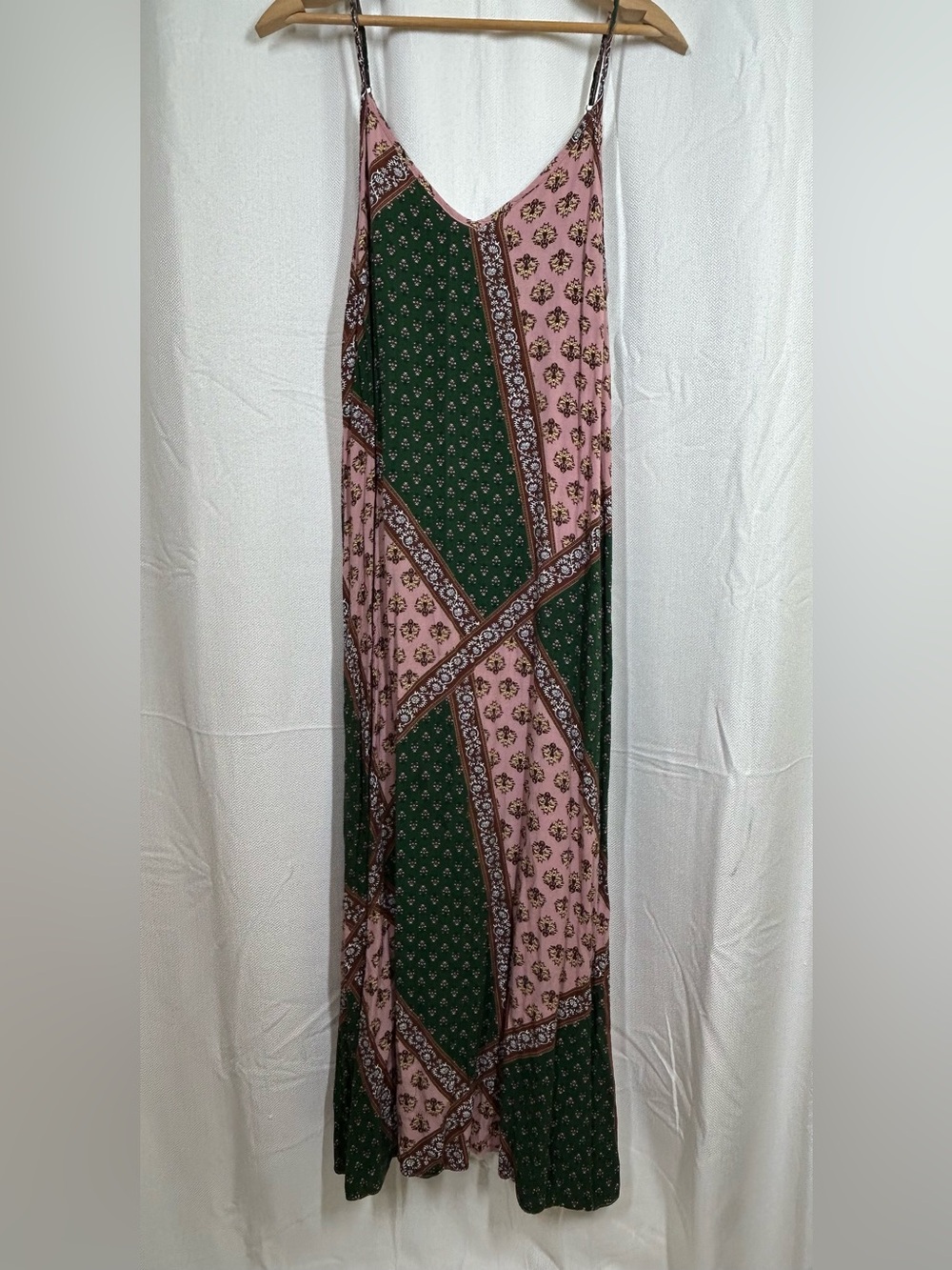 Natural Life Green & Pink Patchwork Floral Dress Spaghetti Strap Sz Small